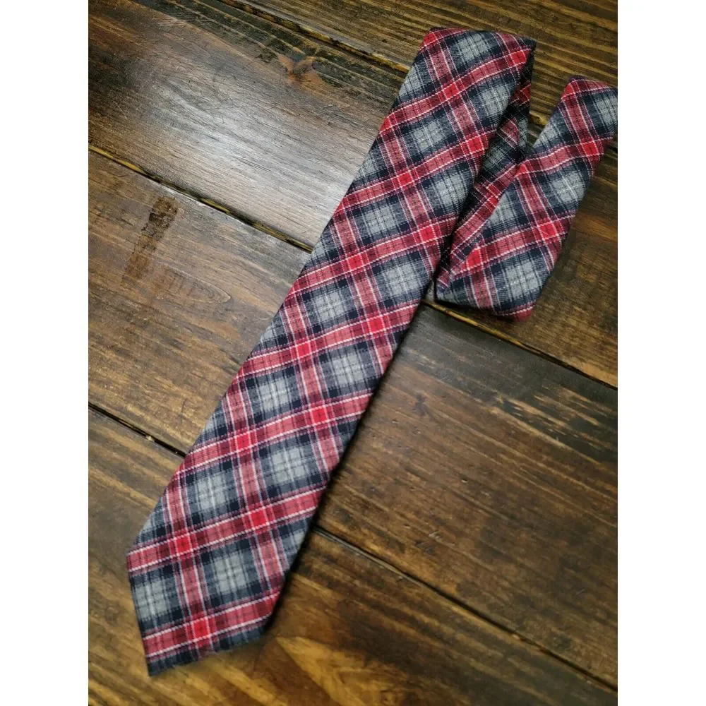 Tommy‎ Hilfiger Plaid Tie - Red / Gray - Flannel - 58L / 3.25W - Thick